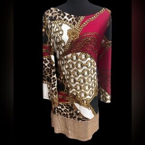 SUNNY LEIGH RED BAROQUE LEOPARD PRINT TUNIC DRESS GOLD SEQUIN HEM SIZE LARGE